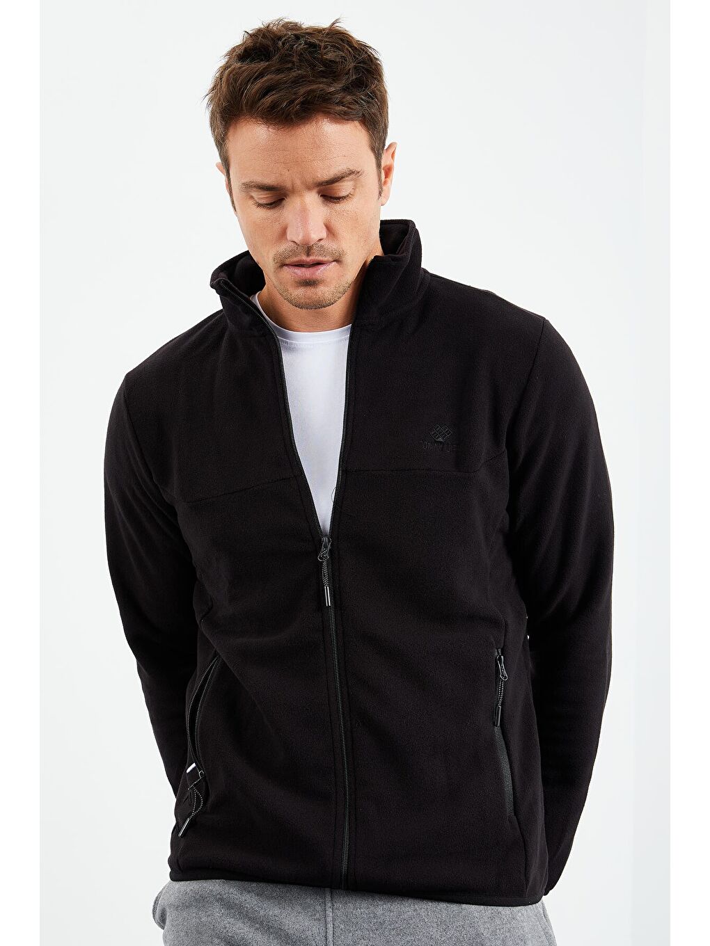 Siyah  Fermuarlı Sweatshirt Slim Fit Dik Yaka Erkek Polar - 87270-4