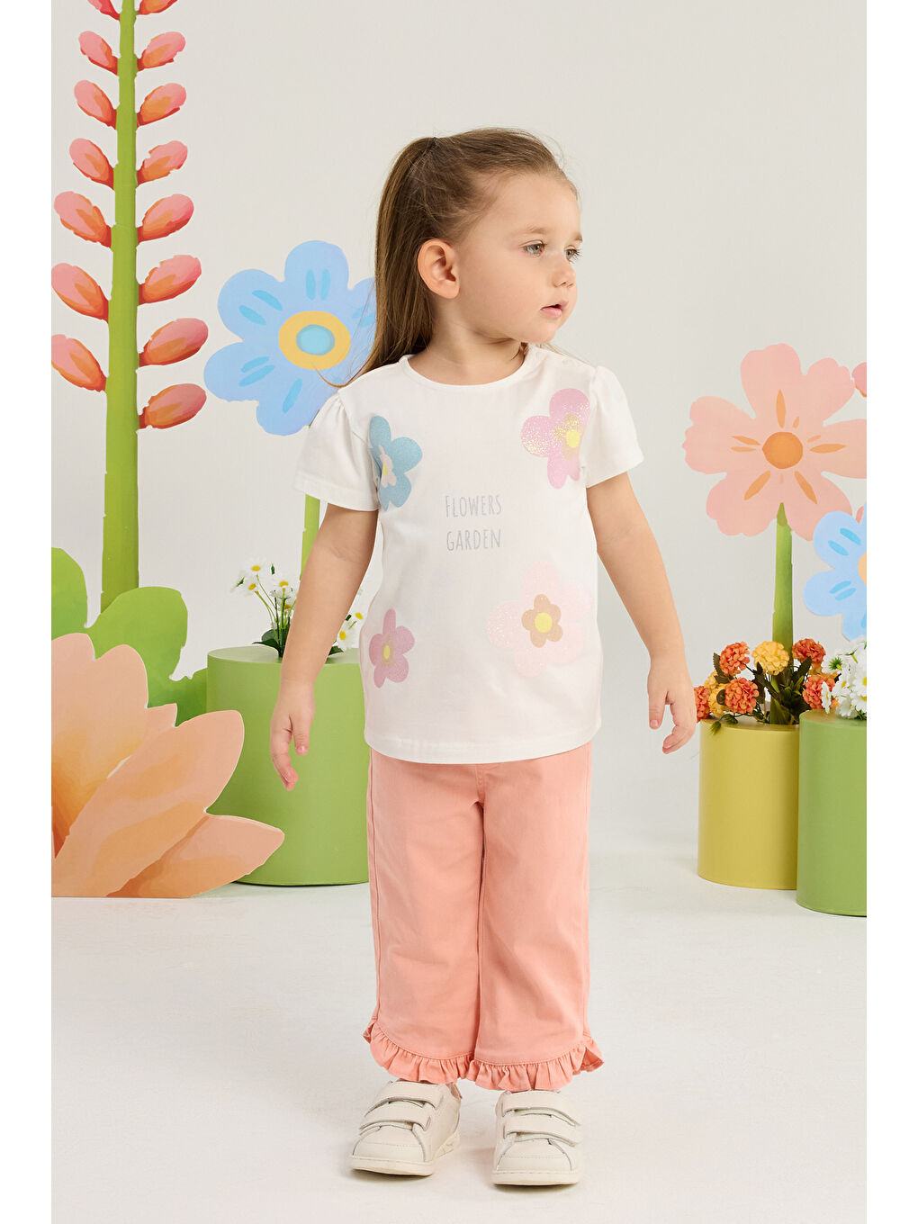 Bej Kız Bebek Paça Fırfır Detaylı Çiçek Nakışlı Pantolon 3 Ay-36 Ay Pudra-2
