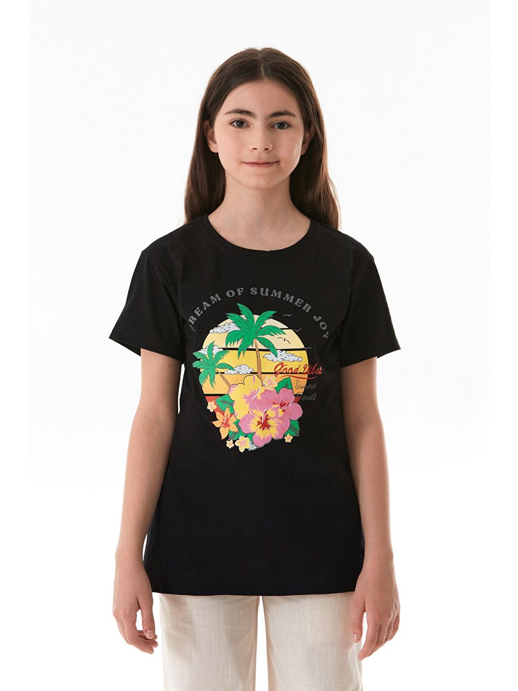 Siyah %100 Pamuk Palmiye Baskılı Kız Çocuk Tişört-4