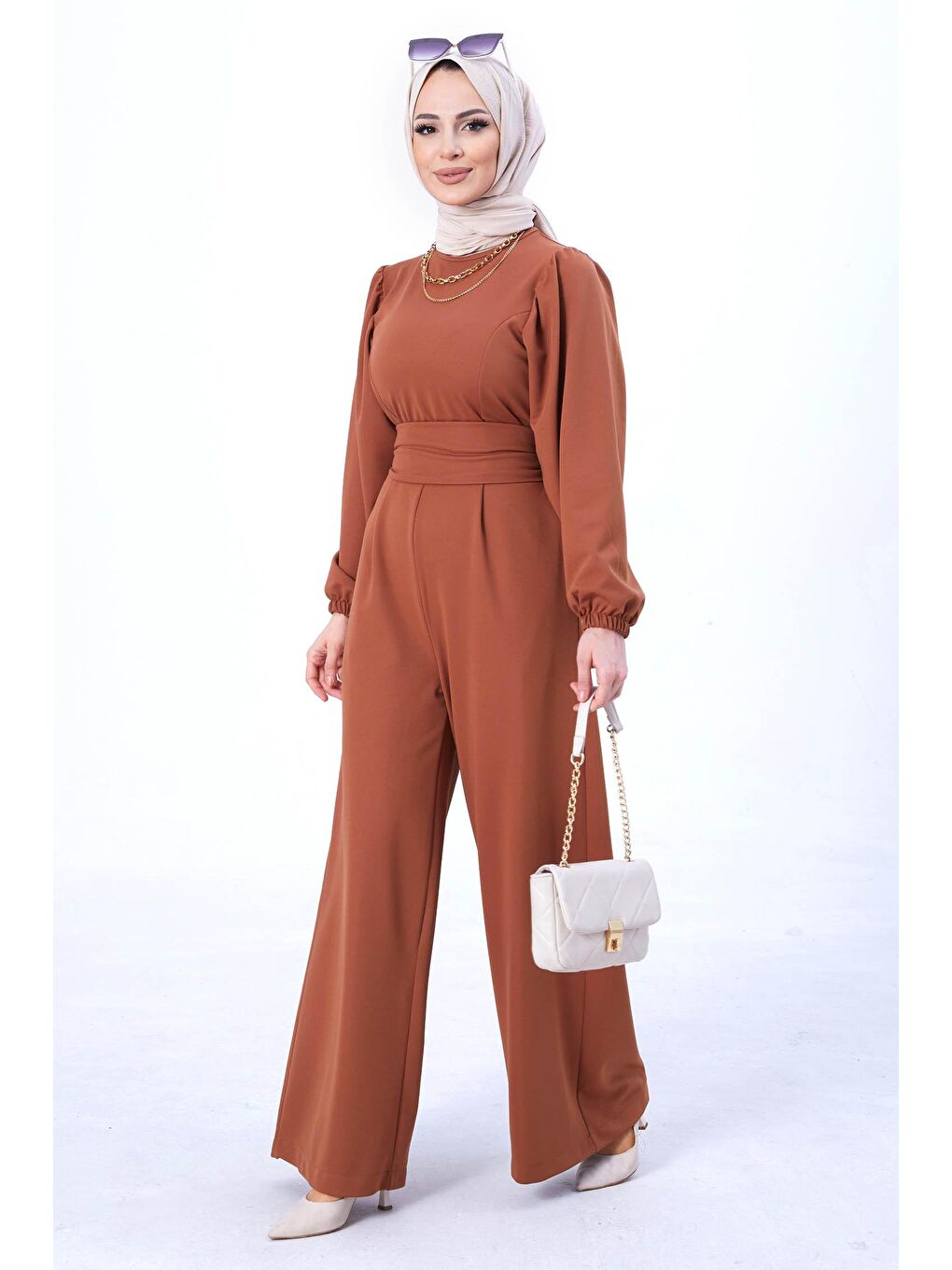 Kahverengi Bisiklet Yaka Kadın Taba Tulum - 11110-5