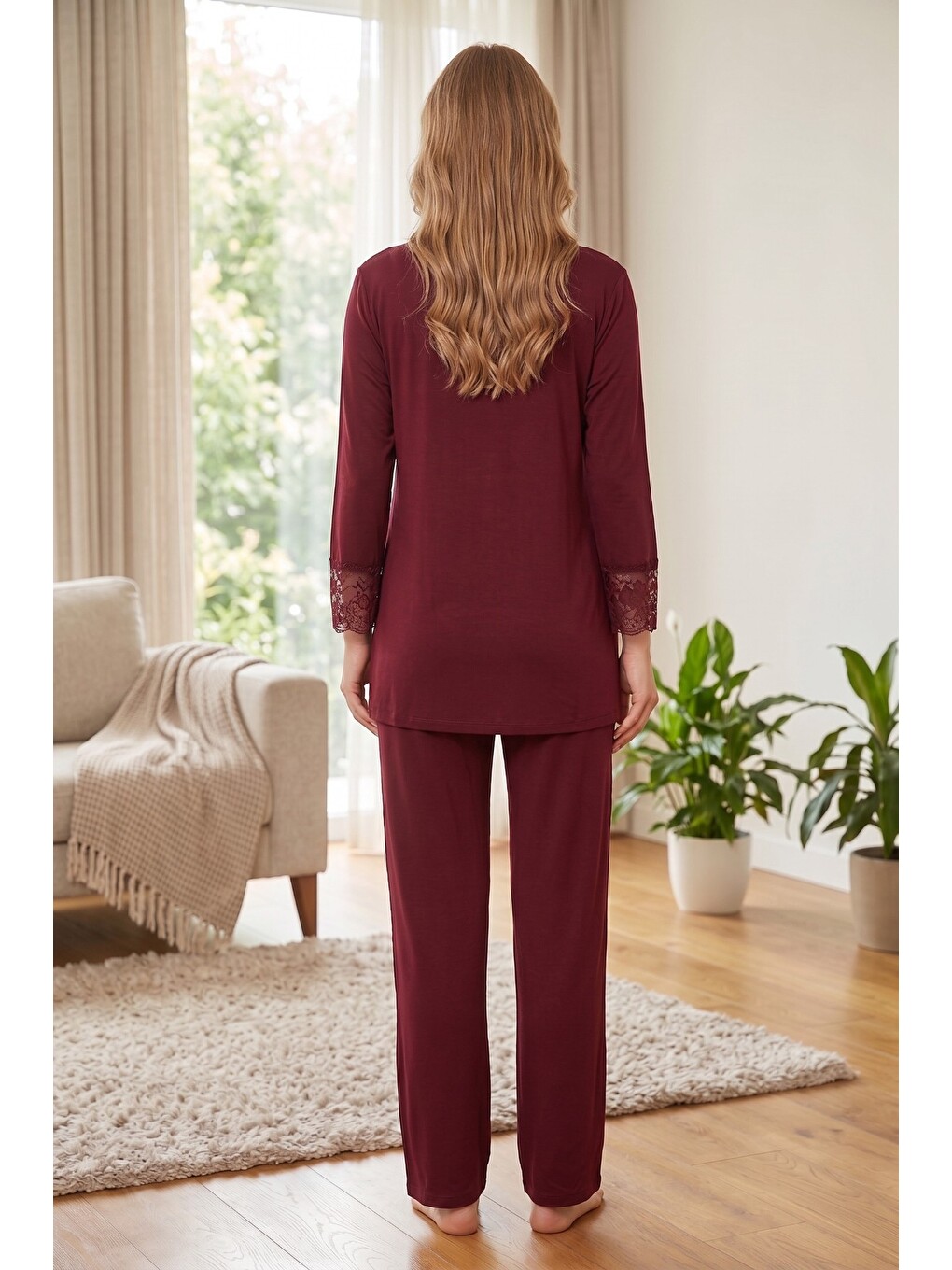 Bordo Rosette Çiçek Desenli Dantel Detaylı Sabahlıklı Hamile Ve Lohusa Pijama Takımı-6