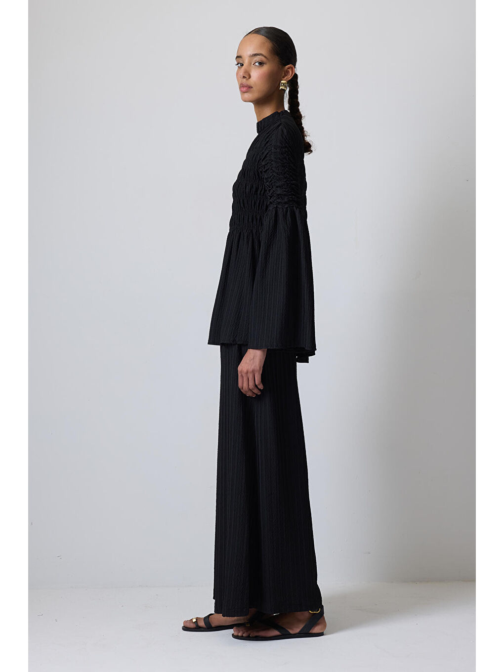 Siyah Büzgülü Bluz Pantolon Takım-2