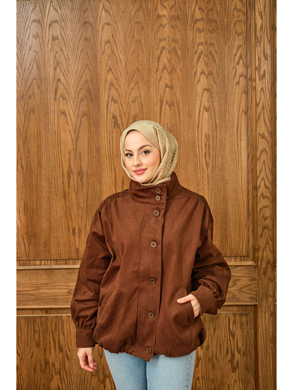 Kadın Düğme Detaylı Ceket Kahverengi-4