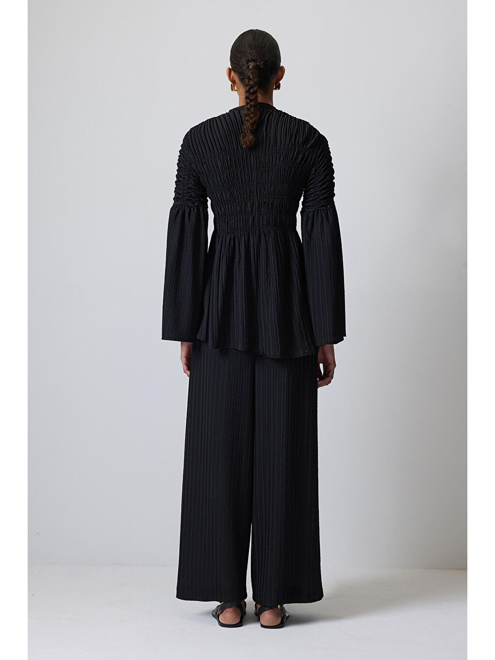 Siyah Büzgülü Bluz Pantolon Takım-3