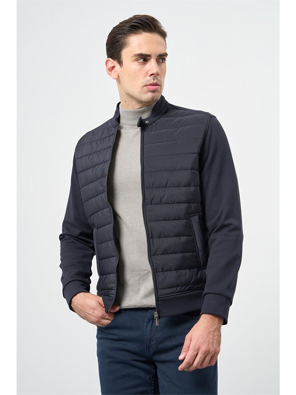 Koyu Lacivert Kapitone Dik Yaka Astarlı Slim Fit Dar Kesim Klasik Mont 1007245154-2