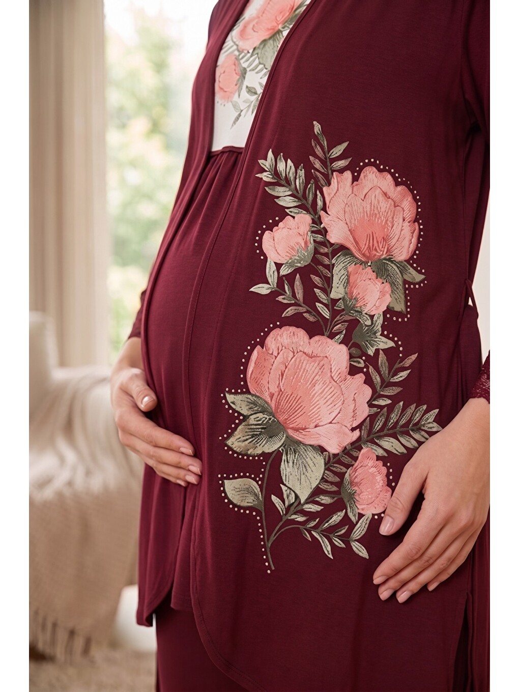 Bordo Rosette Çiçek Desenli Dantel Detaylı Sabahlıklı Hamile Ve Lohusa Pijama Takımı-7