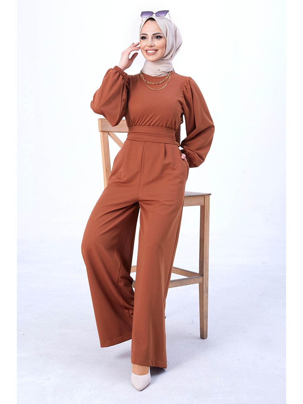 Kahverengi Bisiklet Yaka Kadın Taba Tulum - 11110-6