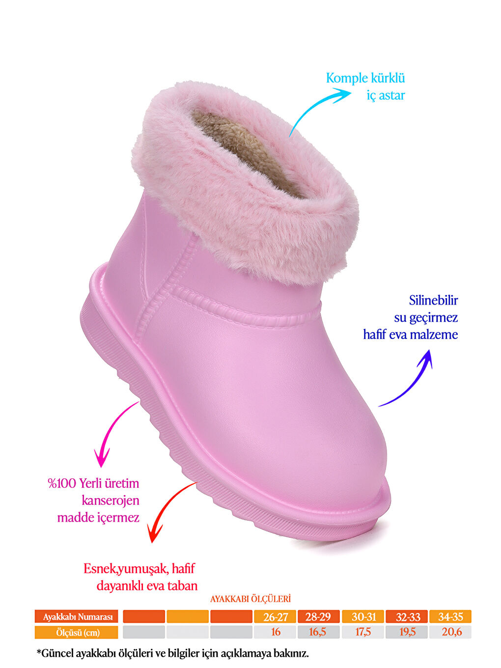 Pembe Geta Su Geçirmez İçi Kürklü Kız Çocuk Eva Yağmur Kar Çizme-1