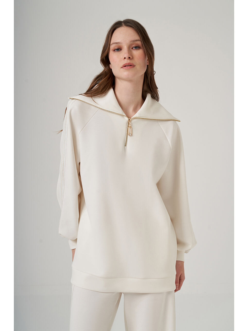 Şerit Detay Tunik Pantolon Takım 1093 Ekru-1