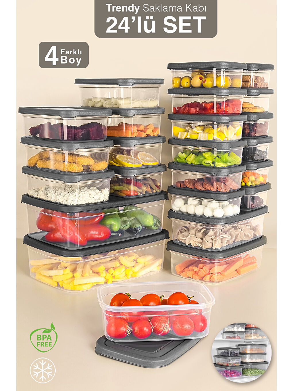 Gri 24'lü Dikdörtgen Erzak Saklama Kabı