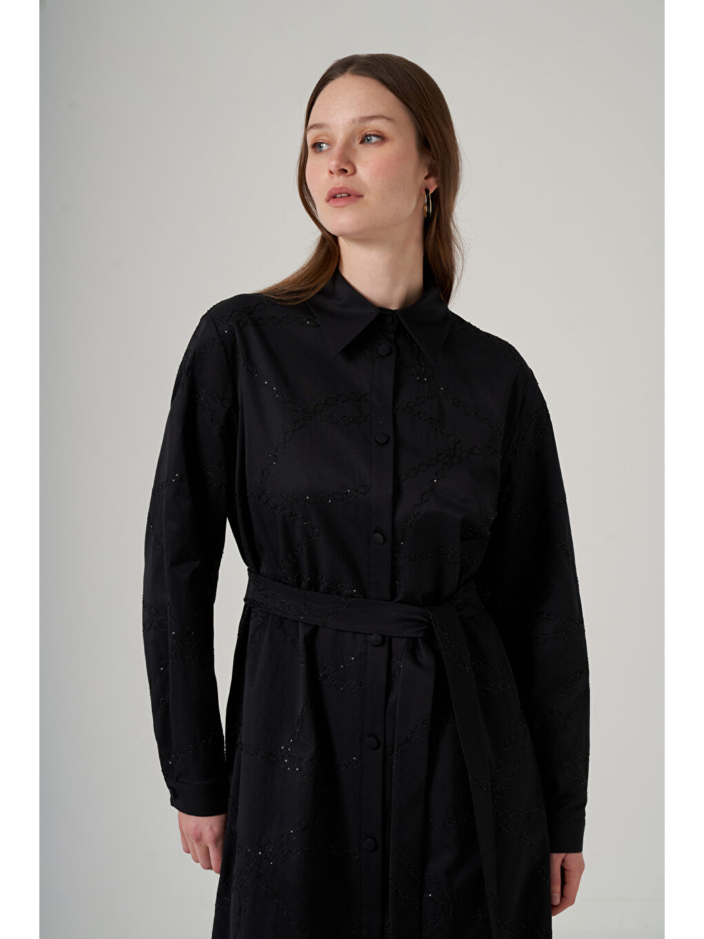 Önü Düğmeli Pul Detay Kuşaklı Elbise 2044 Siyah