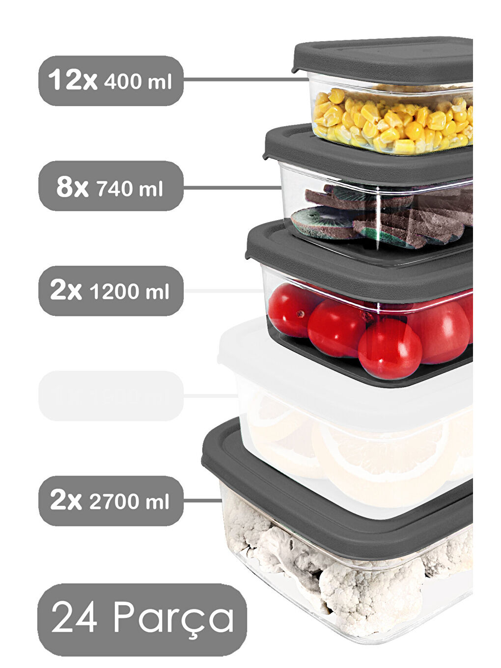 Gri 24'lü Dikdörtgen Erzak Saklama Kabı-1