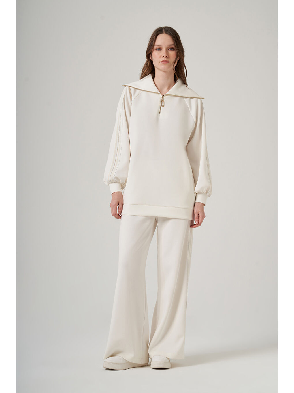 Şerit Detay Tunik Pantolon Takım 1093 Ekru-3