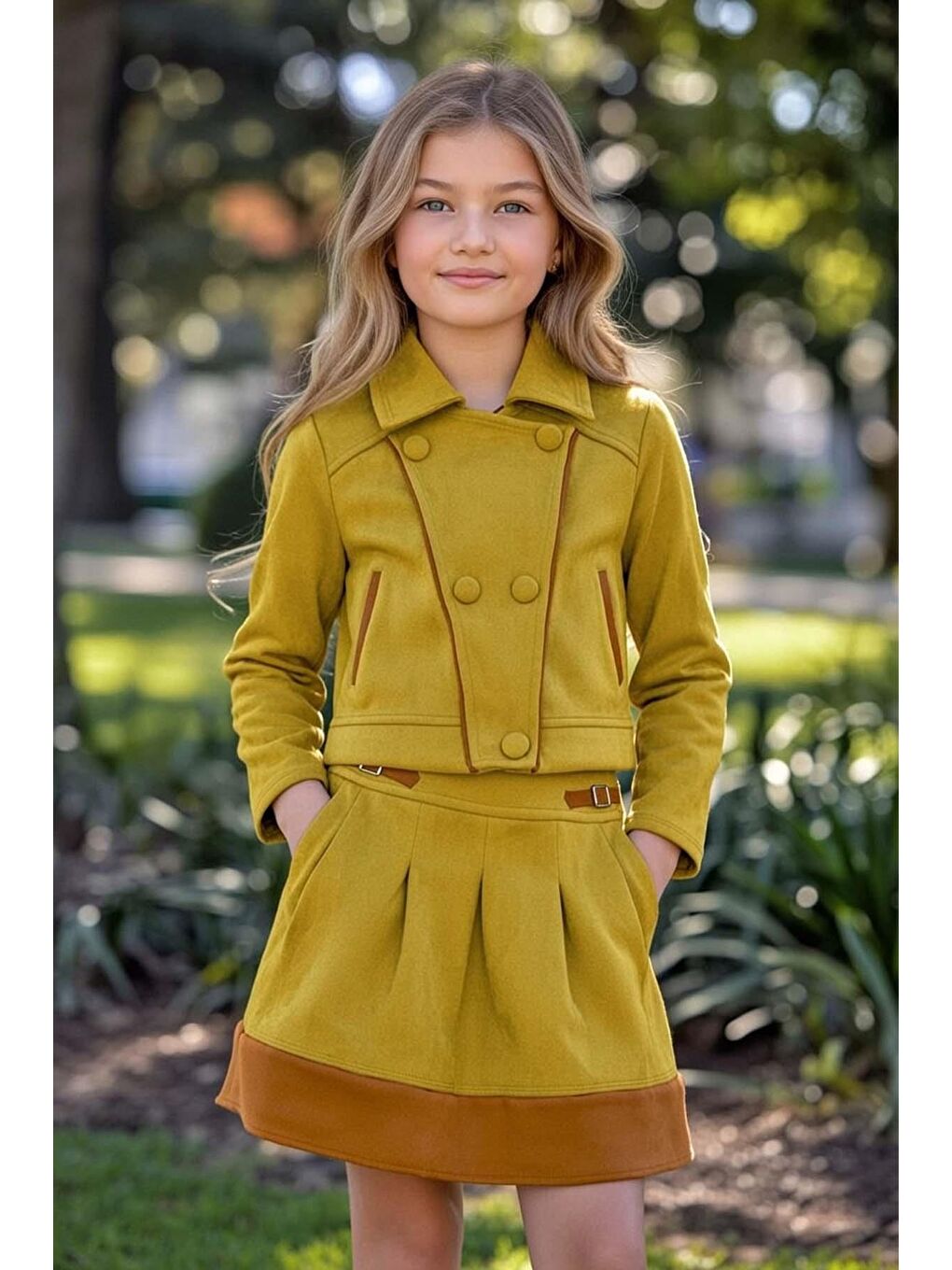 Sarı Kız Çocuk Şerit Detaylı Gömlek Yaka Ceket Beli Manşetli Piliseli Süet Hardal Etekli Takım