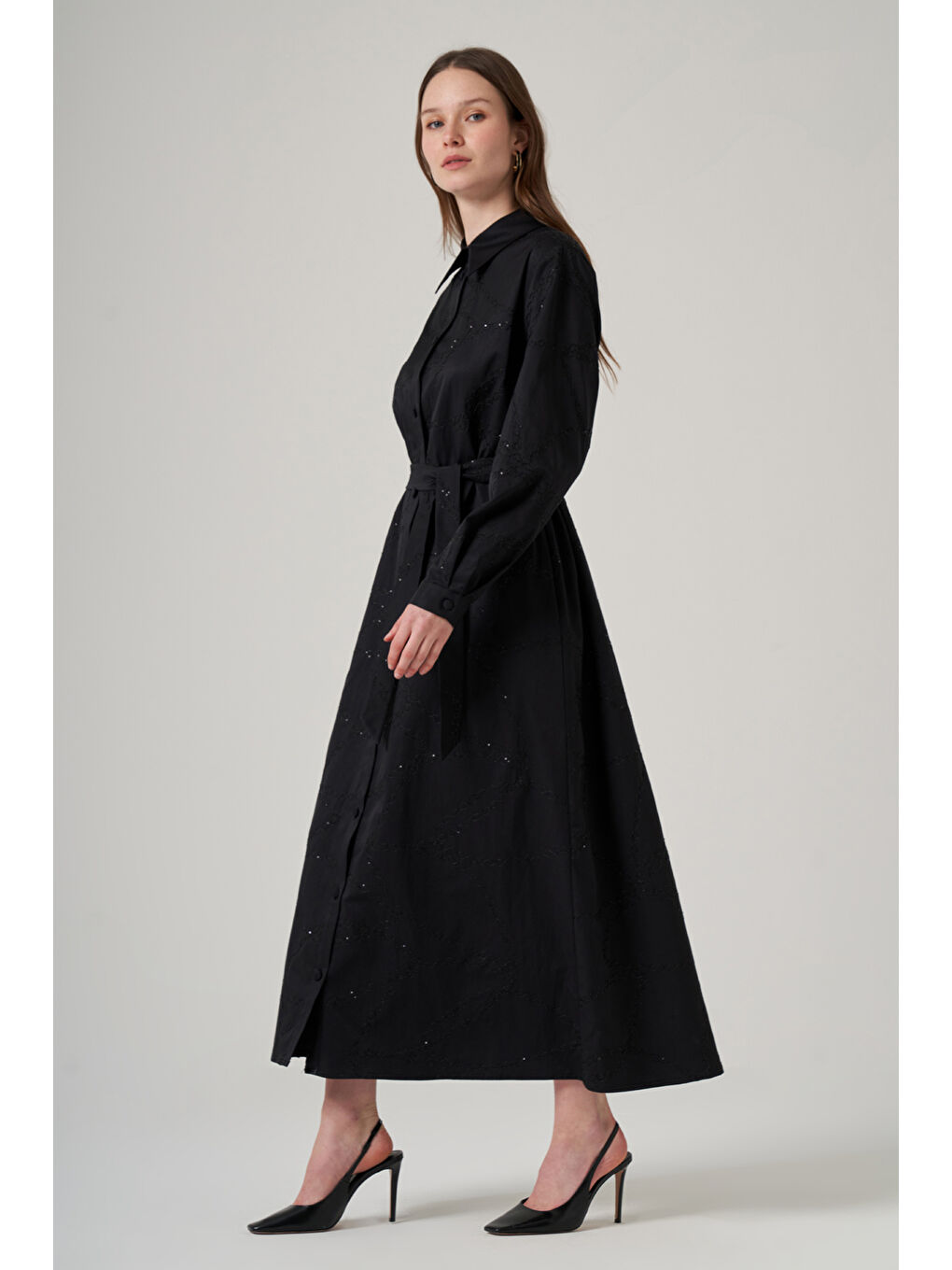 Önü Düğmeli Pul Detay Kuşaklı Elbise 2044 Siyah-1