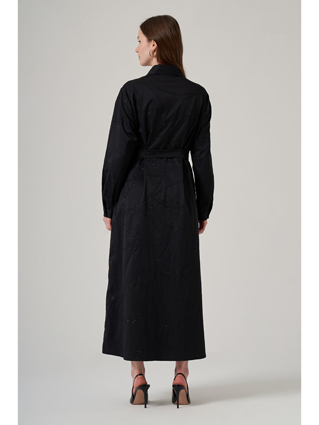 Önü Düğmeli Pul Detay Kuşaklı Elbise 2044 Siyah-2