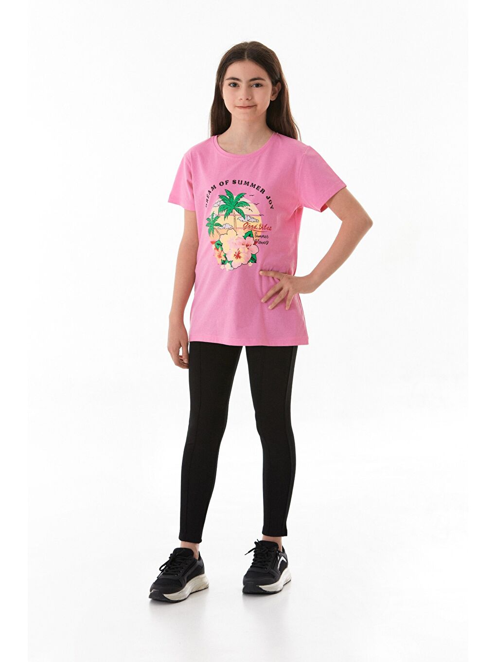 Pembe %100 Pamuk Palmiye Baskılı Kız Çocuk Tişört-3