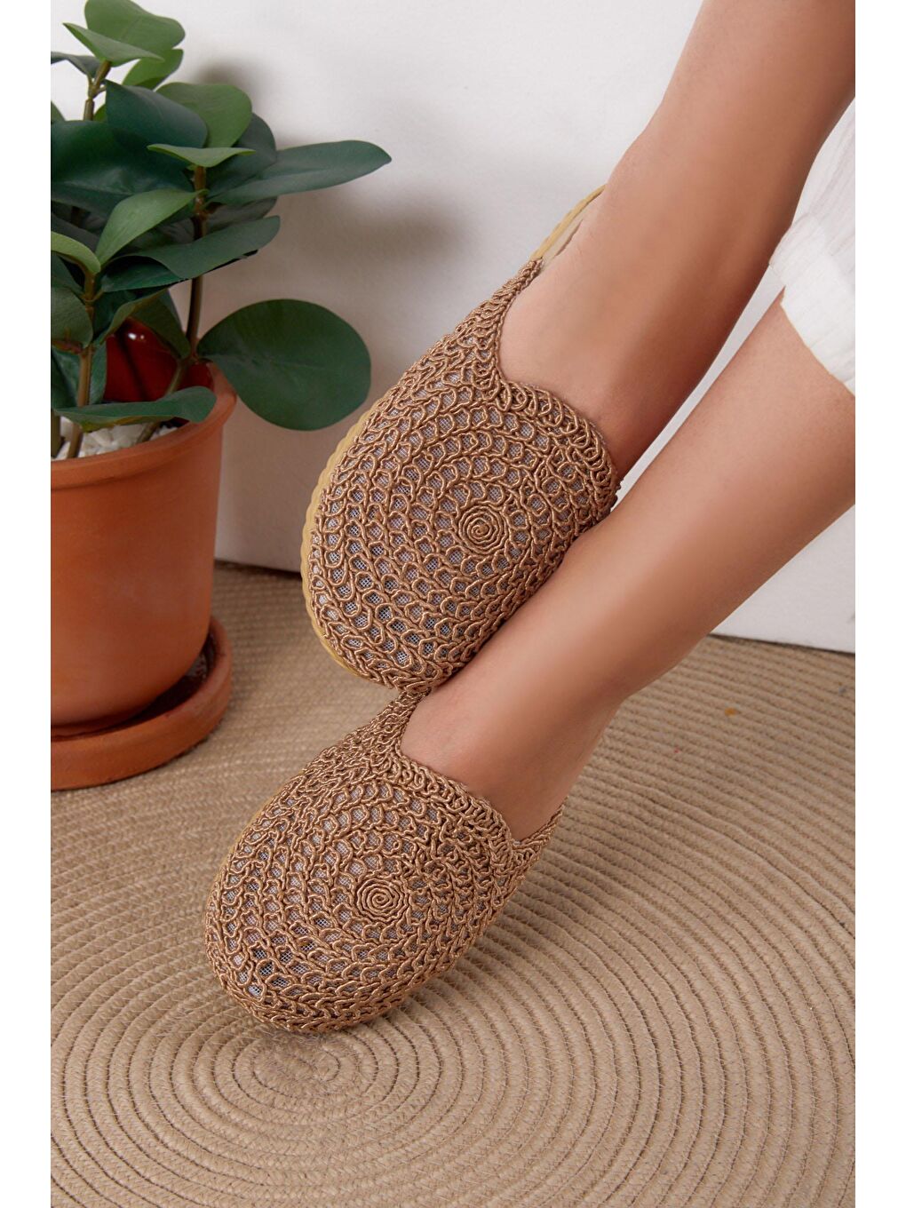 Bej Kadın Vizon Hasır Terlik - 25535