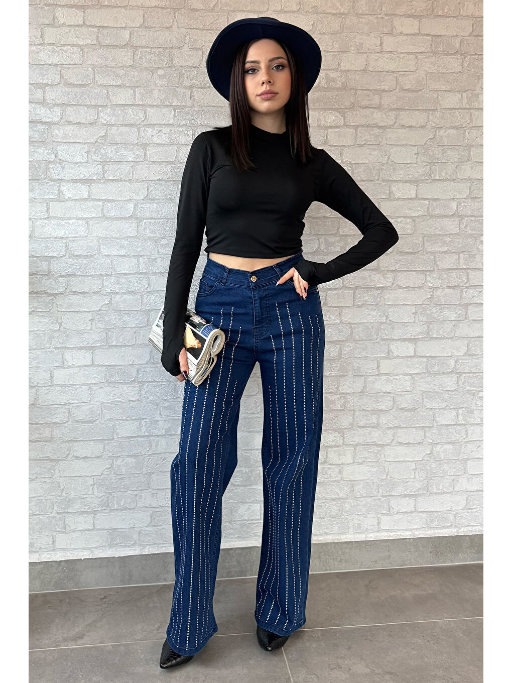 Lacivert Yüksel Bel Taş Detaylı Palazzo Jean Pantolon-1