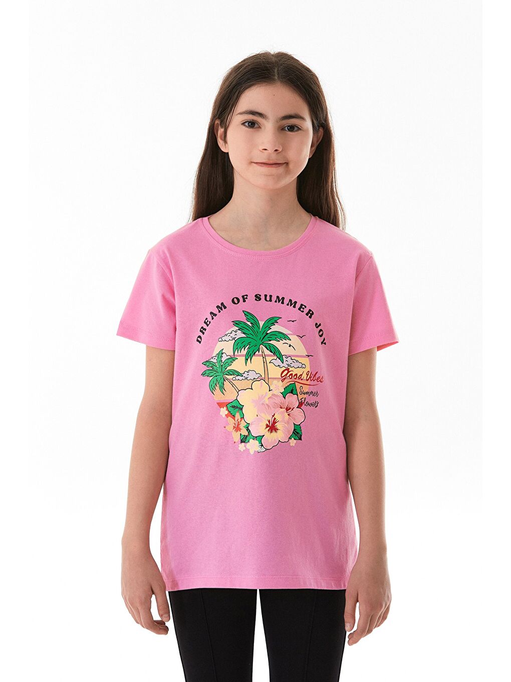 Pembe %100 Pamuk Palmiye Baskılı Kız Çocuk Tişört-4