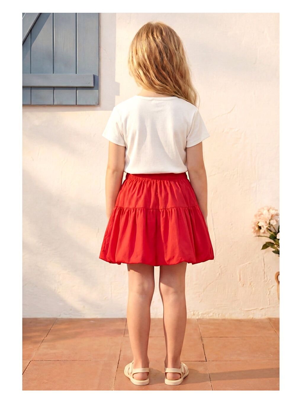 Kız Çocuk Pamuklu Ekru Kırmızı Fiyonk Detaylı Tişört Etek Takım - İkili Kombin-1