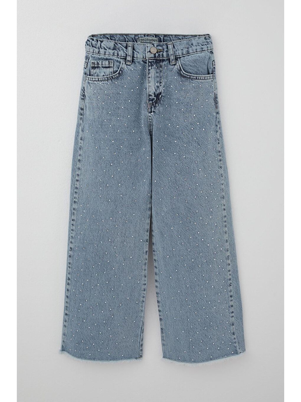 Kız Çocuk Jean Pantolon Taş Aksesuarlı Paça Kısmı Püskül Detaylı Açık Mavi (10-14 Yaş)