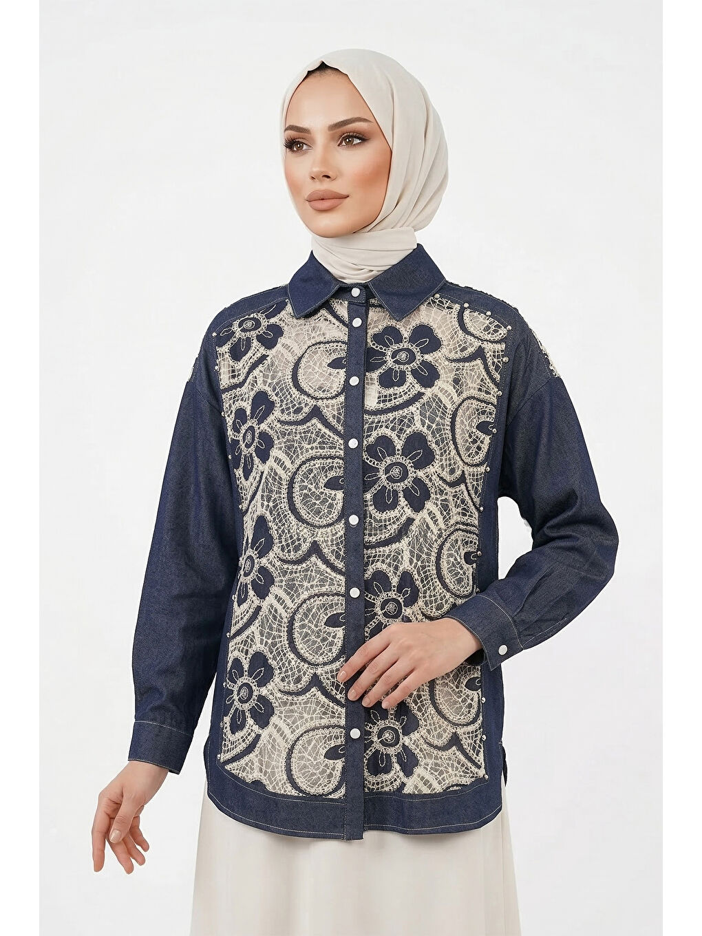 Mavi Dantel Detay Önü Çıtçıtlı Gömlek 128 Denim