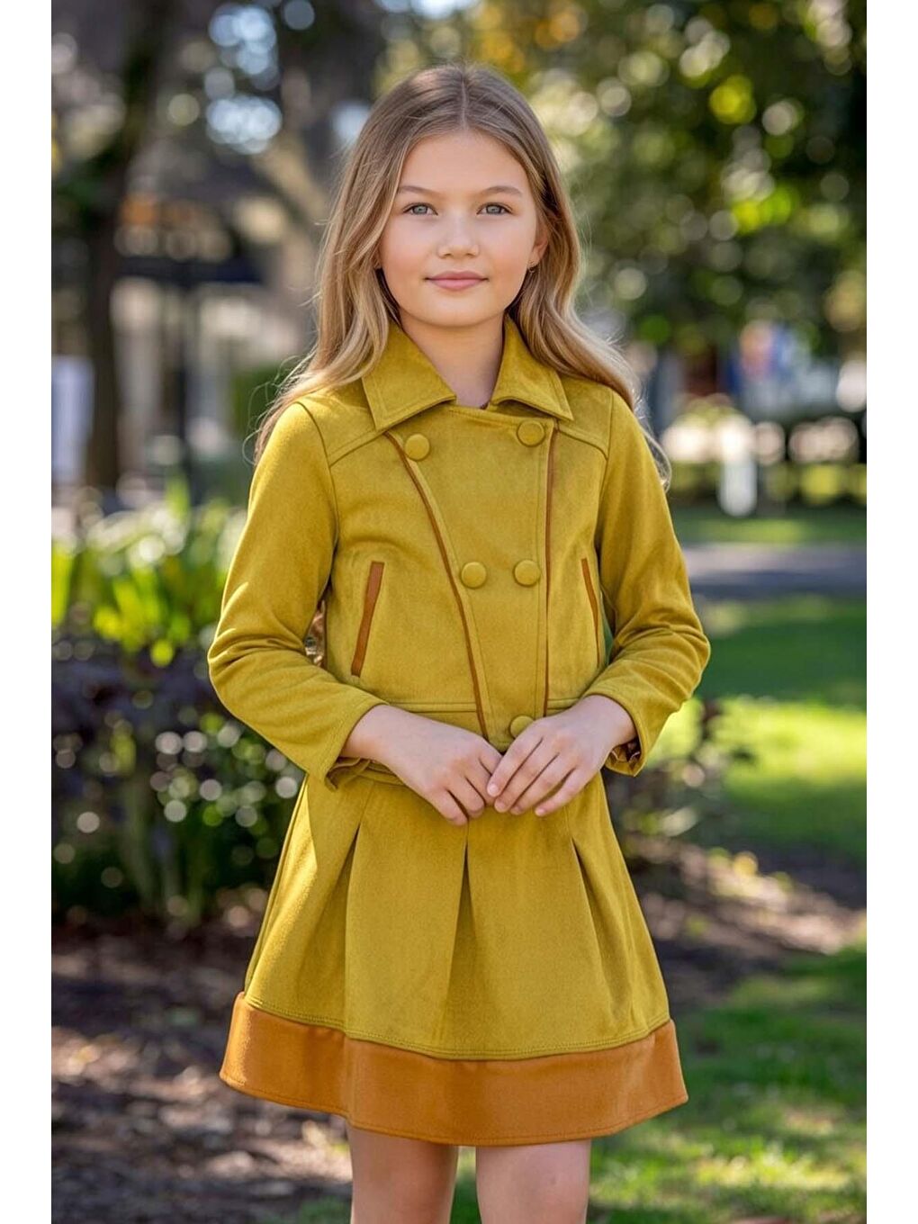 Sarı Kız Çocuk Şerit Detaylı Gömlek Yaka Ceket Beli Manşetli Piliseli Süet Hardal Etekli Takım-1
