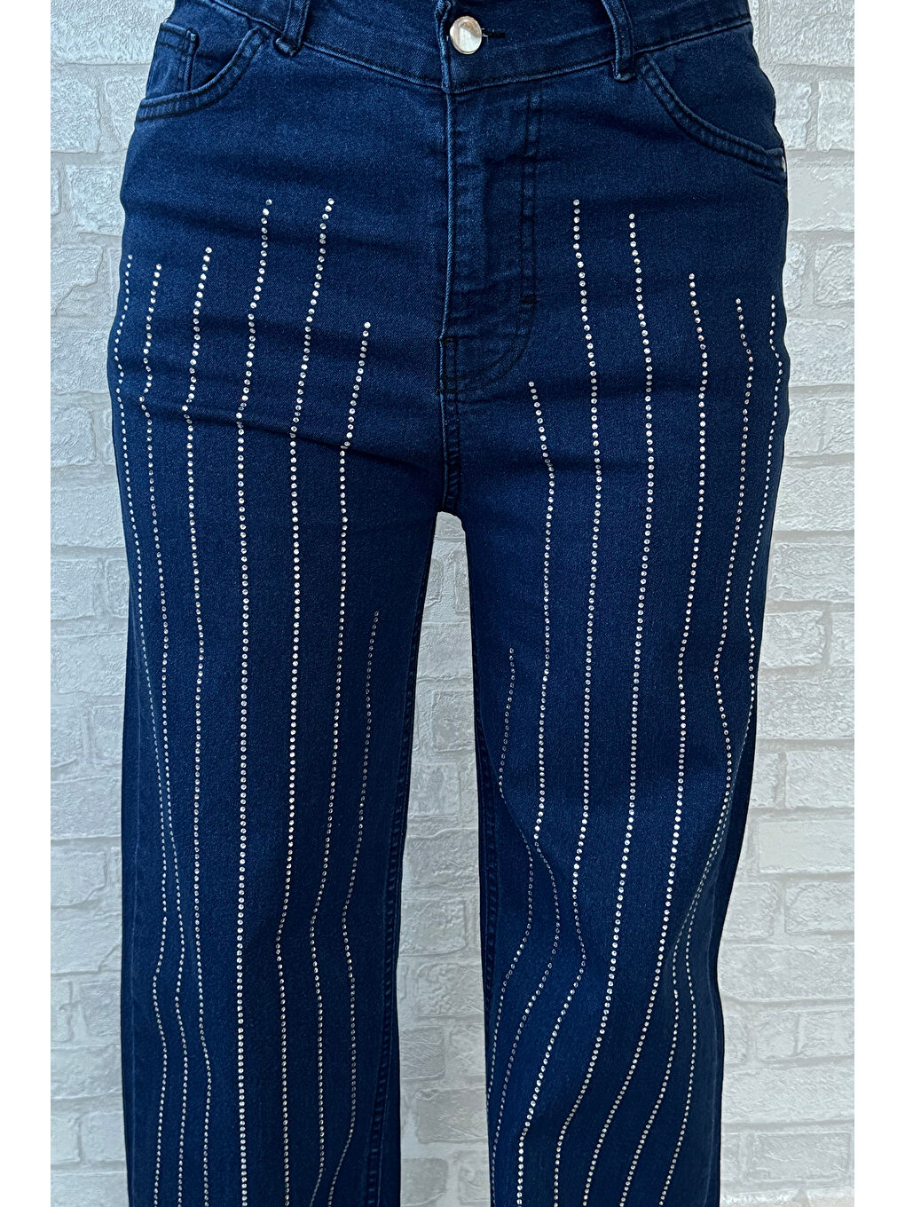 Lacivert Yüksel Bel Taş Detaylı Palazzo Jean Pantolon-2