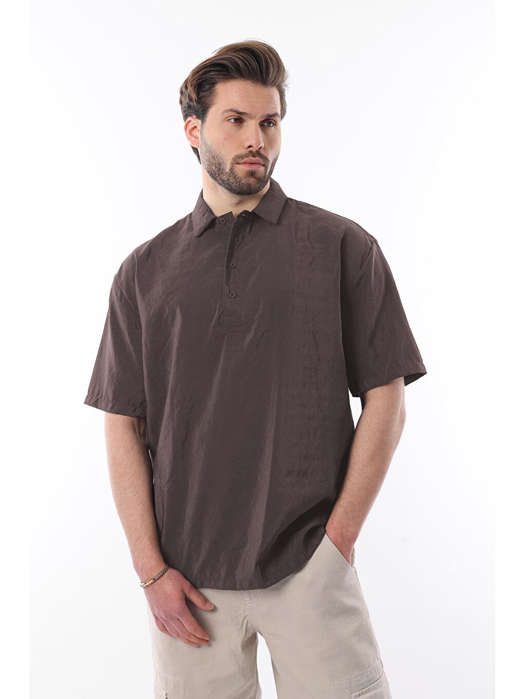 Gri Füme Oversize Rahat Kesim Kısa Kollu Gömlek 6744-1