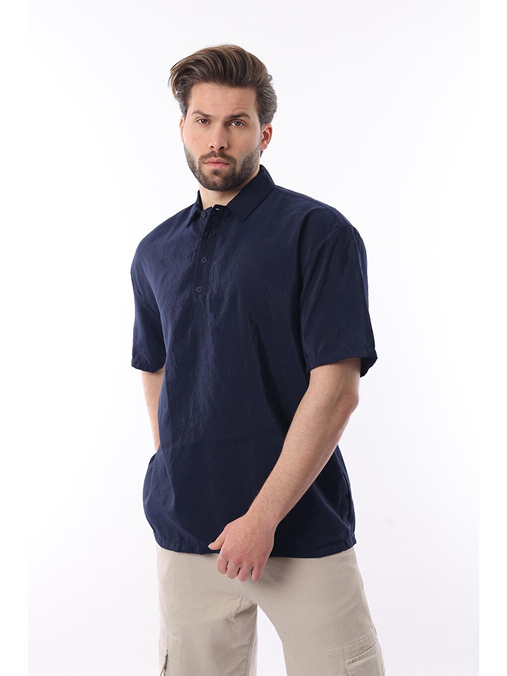 Lacivert Oversize Rahat Kesim Kısa Kollu Gömlek 6744