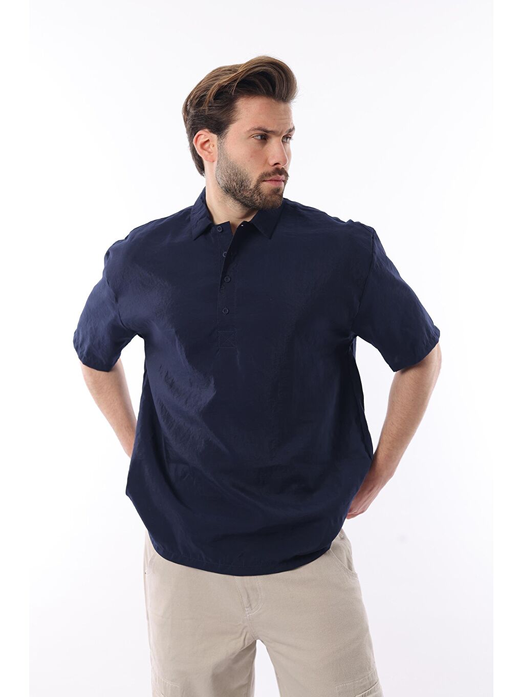 Lacivert Oversize Rahat Kesim Kısa Kollu Gömlek 6744-1