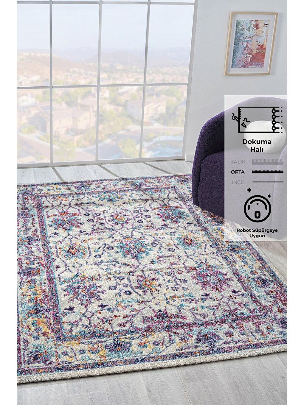 Karışık Vintage 7658 Beyaz Lila Klasik Eskitme Dokuma Halı-160x230