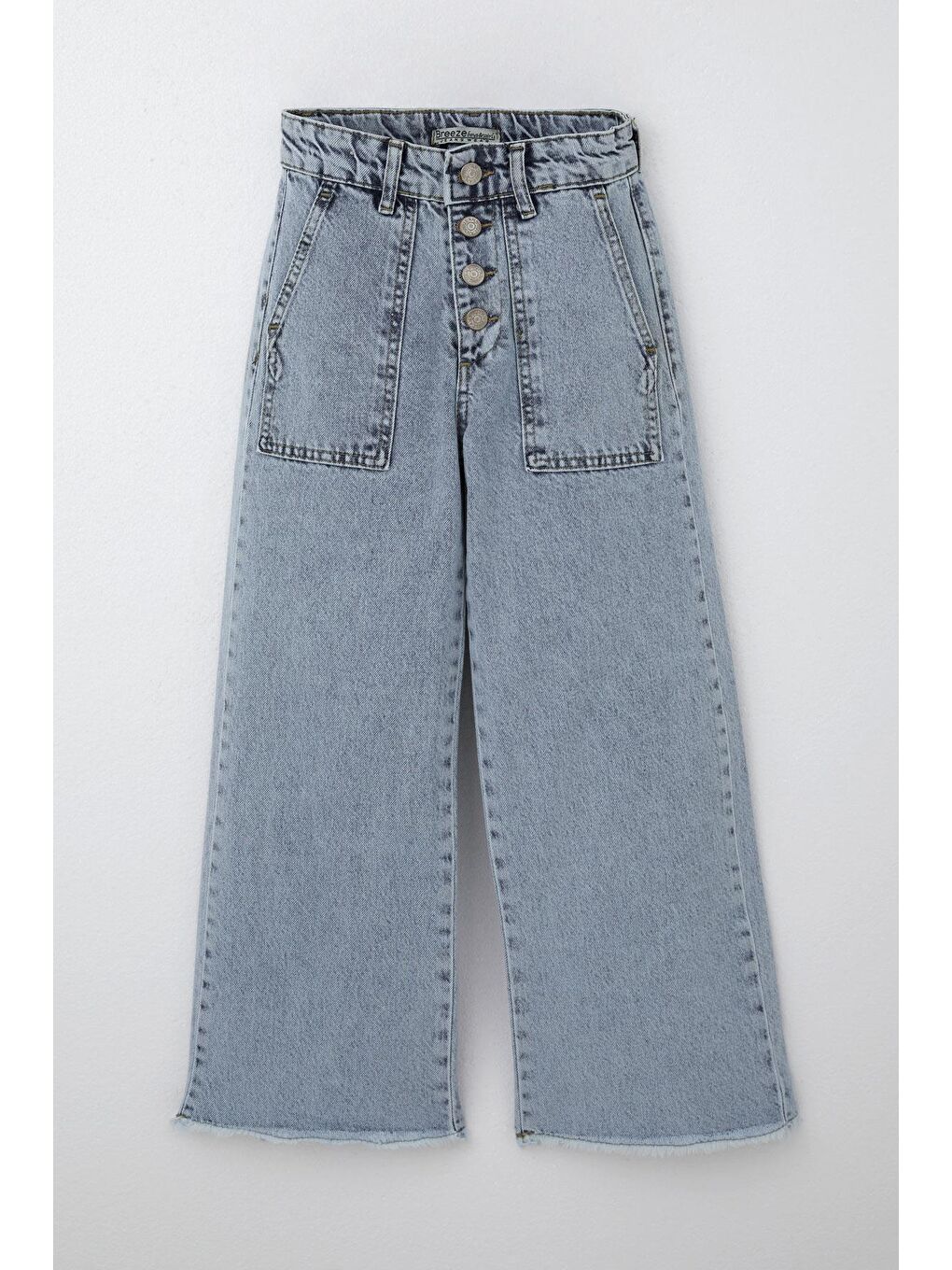 Kız Çocuk Jean Pantolon Geniş Paça Düğmeli Paçası Püskül Detaylı Açık Mavi (10-14 Yaş)
