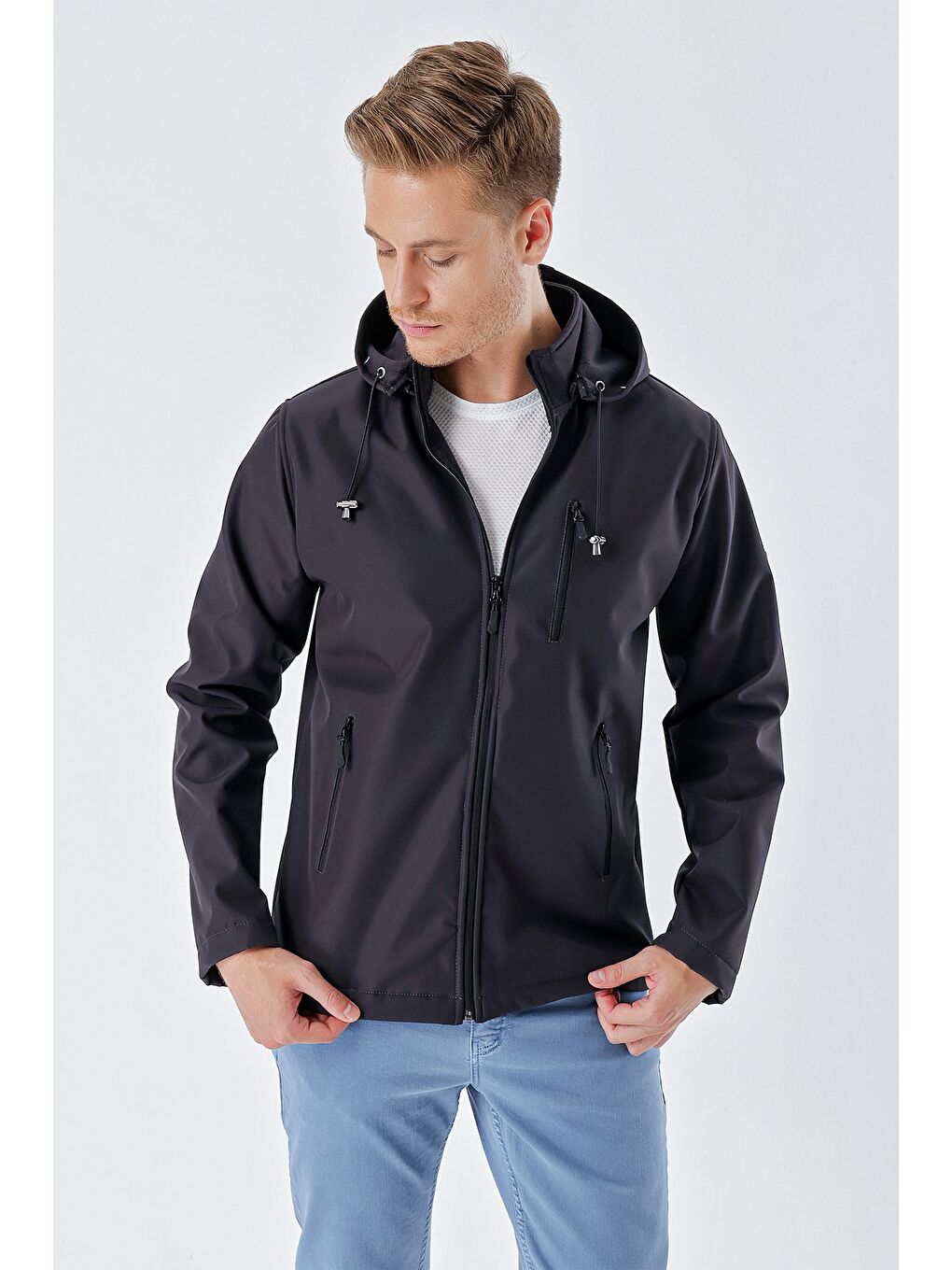 Gri Füme Kapüşonlu Astarlı Slim Fit Dar Kesim Casual Mont 1007235163