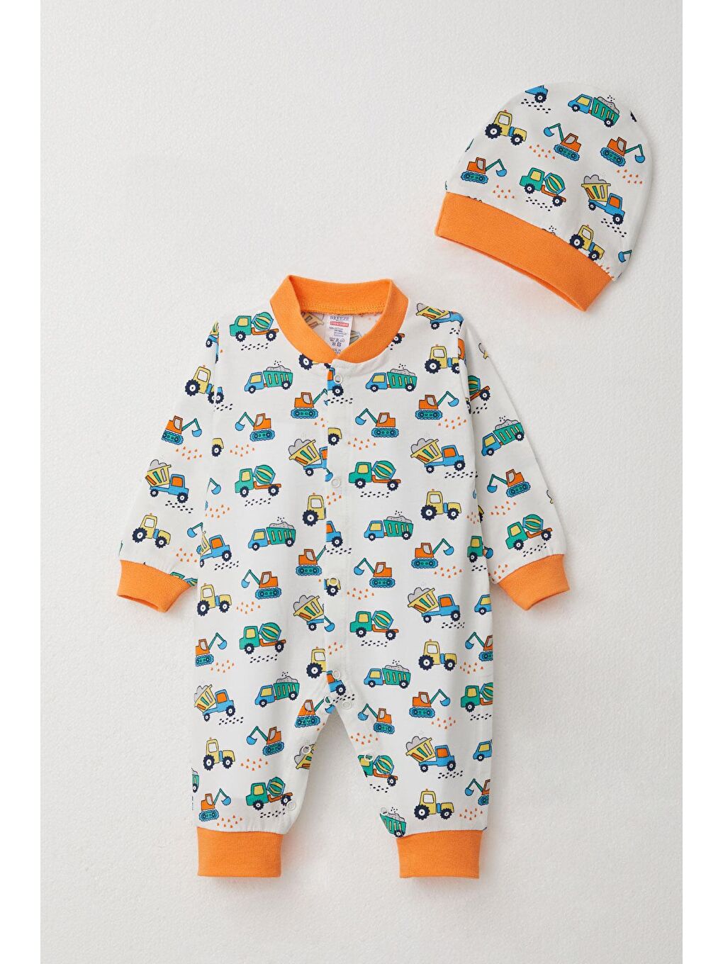 Erkek Bebek Tulum İş Makinaları Desenli Beyaz (0-6 Ay)