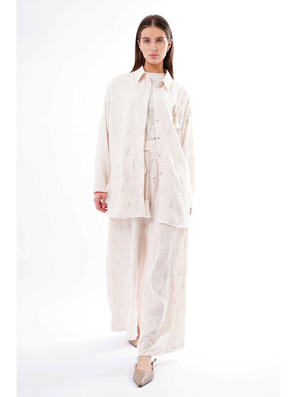 Halat Broş Aksesuarlı Pullu Payet Pantolonlu Takım 935 Ekru-2