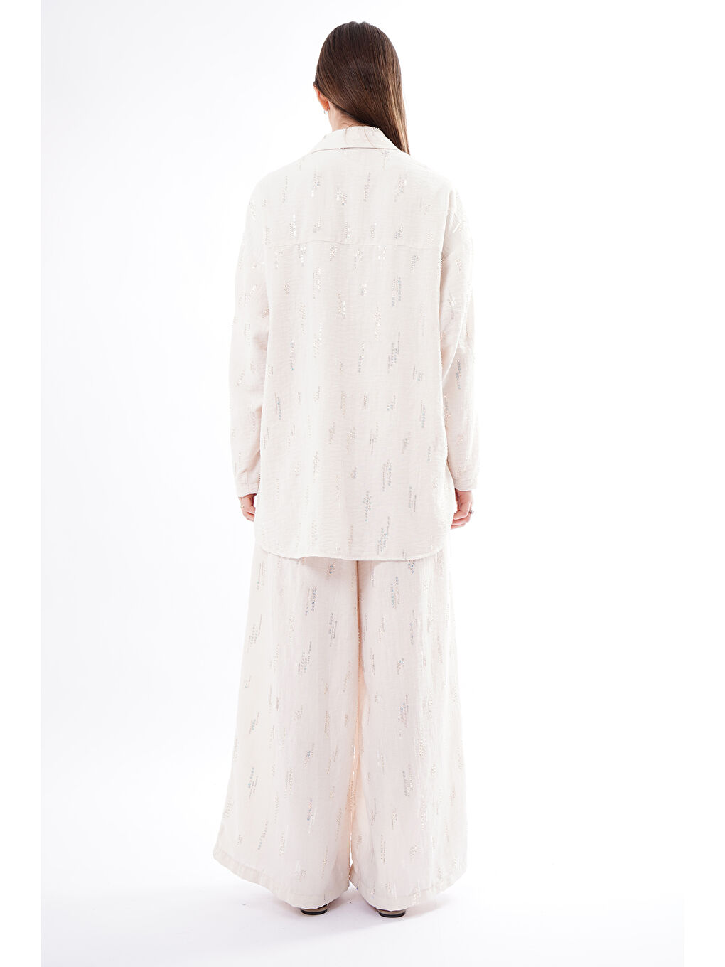 Halat Broş Aksesuarlı Pullu Payet Pantolonlu Takım 935 Ekru-3