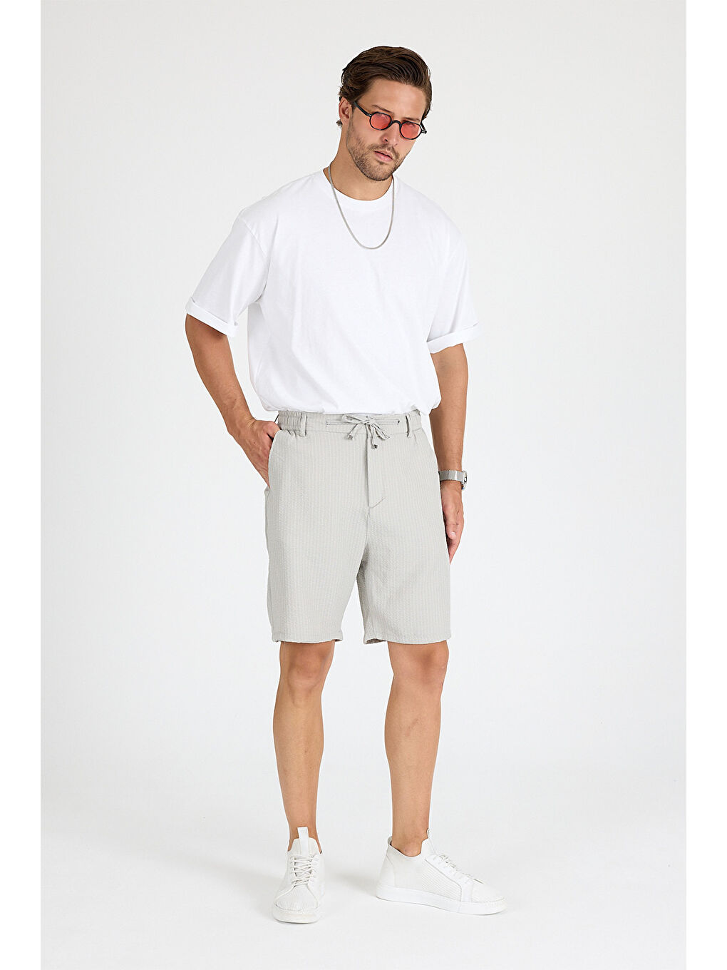 Bej Erkek Taş Çizgili Şort