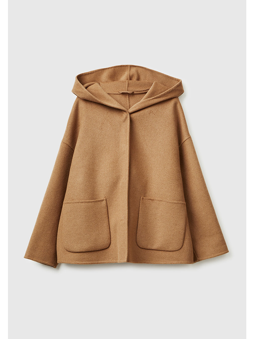 Kadın Açık Kahverengi Yün ve Viskoz Karışımlı Çift Taraflı Cepli Kapüşonlu Palto-1