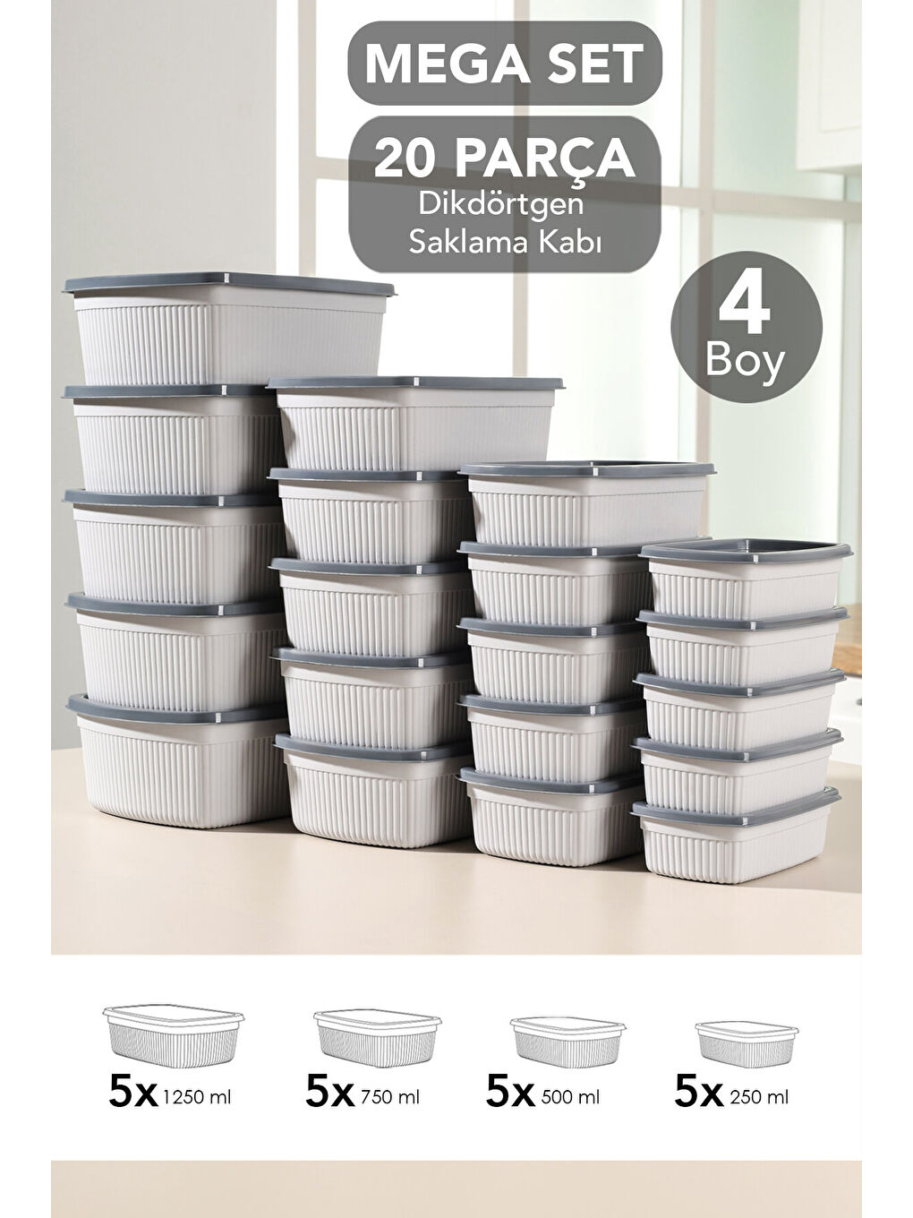 Gri 20'li Çizgili Dikdörtgen Gıda Saklama Kabı Seti