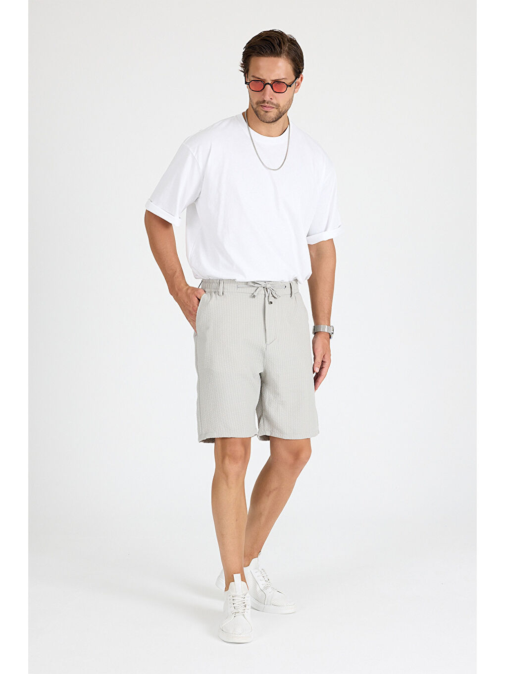 Bej Erkek Taş Çizgili Şort-1