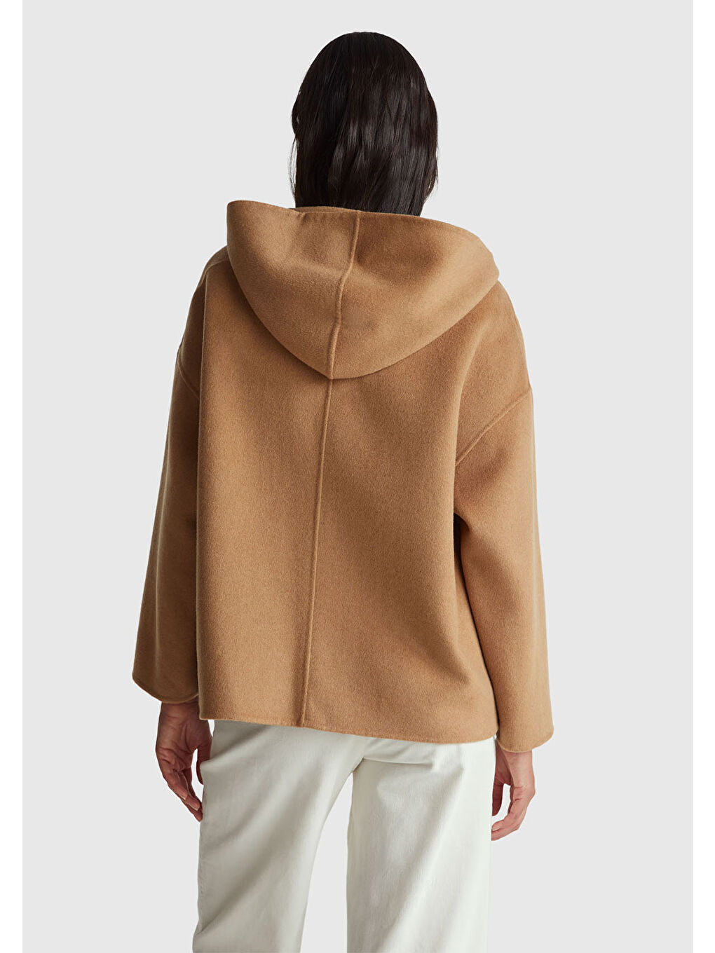 Kadın Açık Kahverengi Yün ve Viskoz Karışımlı Çift Taraflı Cepli Kapüşonlu Palto-2
