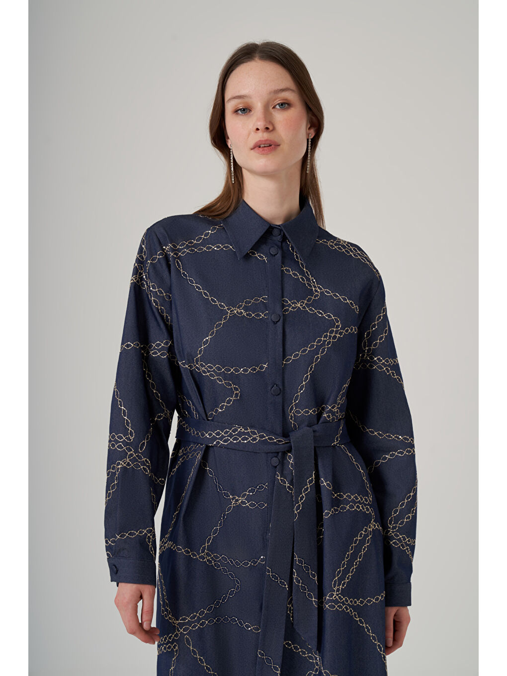 Mavi Önü Düğmeli Pul Detay Kuşaklı Elbise 2044 Denim-1