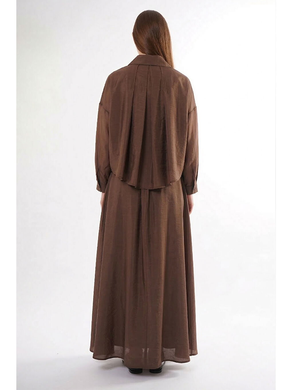 Sağ Ön Bedeni Şifon Detaylı Kroş ve Taş Süslemeli Etekli Dubai Takım 913 Kahverengi-3