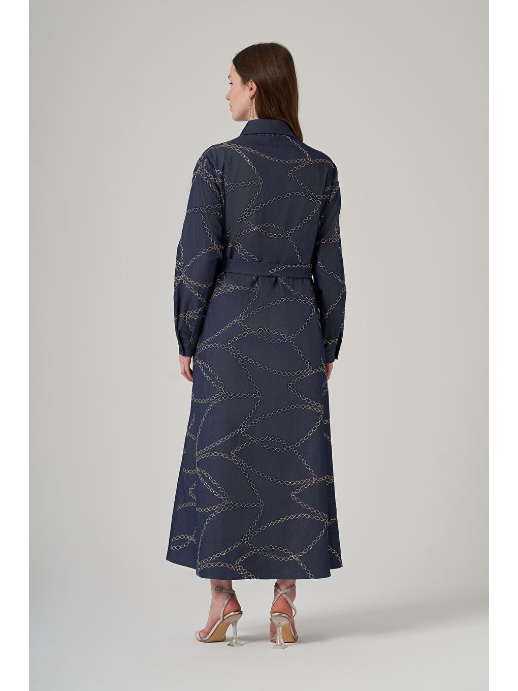 Mavi Önü Düğmeli Pul Detay Kuşaklı Elbise 2044 Denim-2