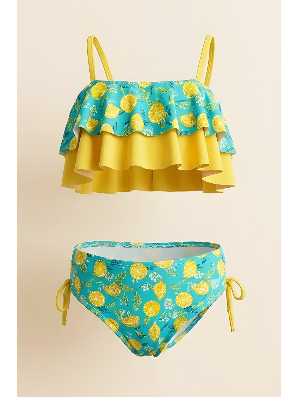 Sarı Kız Çocuk Mayo Takımı-Volanlı+Ayarlanabilir Askılı Kollu 8-12 Yaş 12621B-1