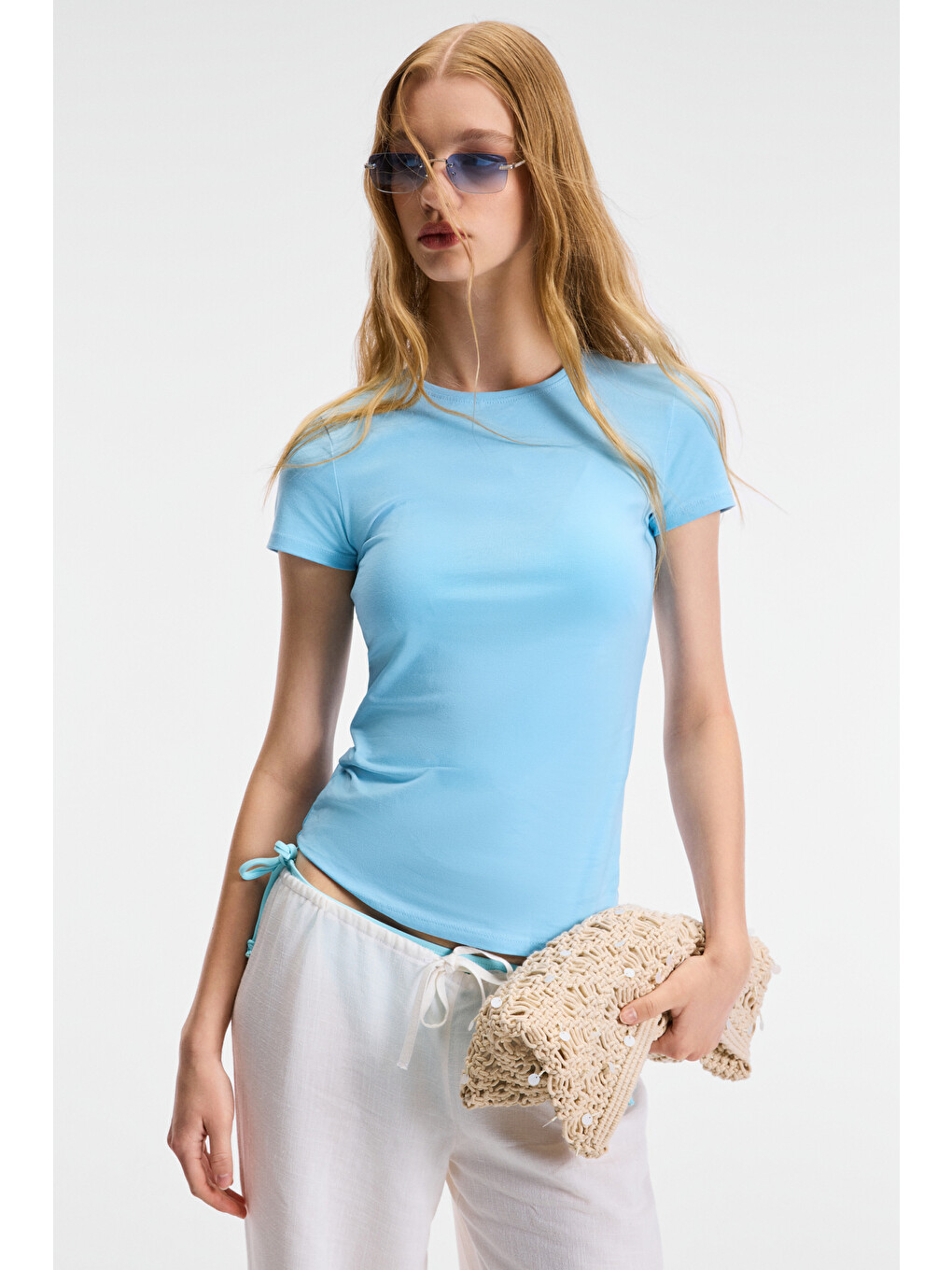 Tarelıa Kadın Bisiklet Yaka Kısa Kollu Slim Mavi T-shirt