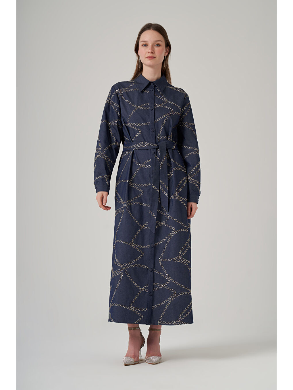 Mavi Önü Düğmeli Pul Detay Kuşaklı Elbise 2044 Denim-3