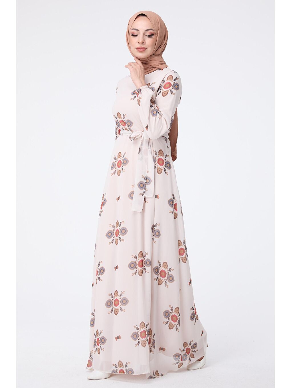 Bisiklet Yaka Kadın Ekru Elbise - 10352-3